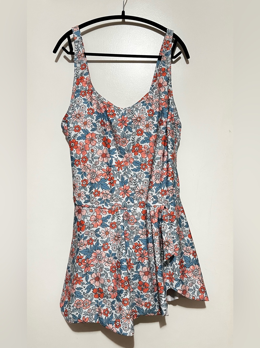 Floral Swim One-Piece with Skirted Hem - Coral & Teal